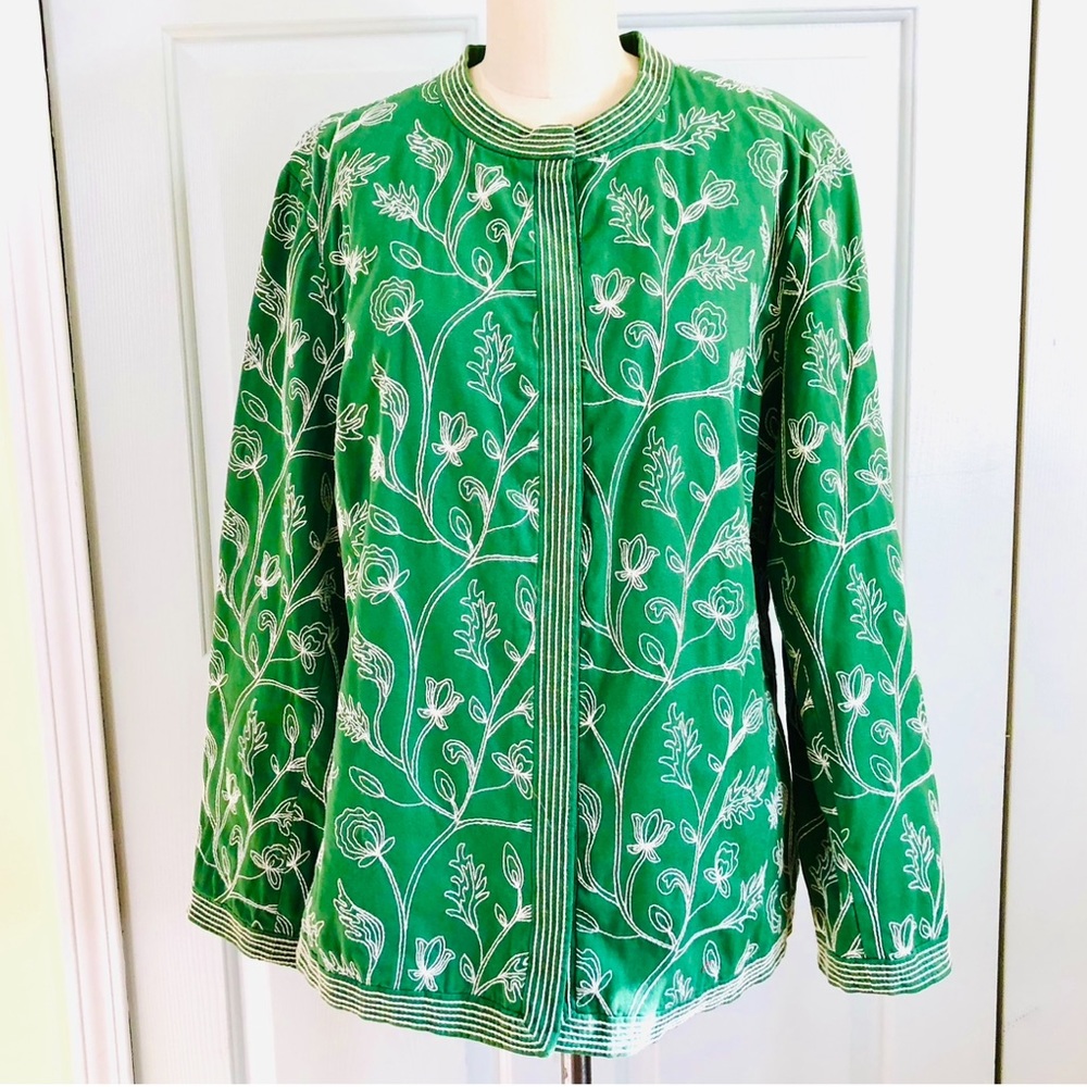 Charter Club Woman Embroidered Soutache Green Lined Jacket Coat Size 2X